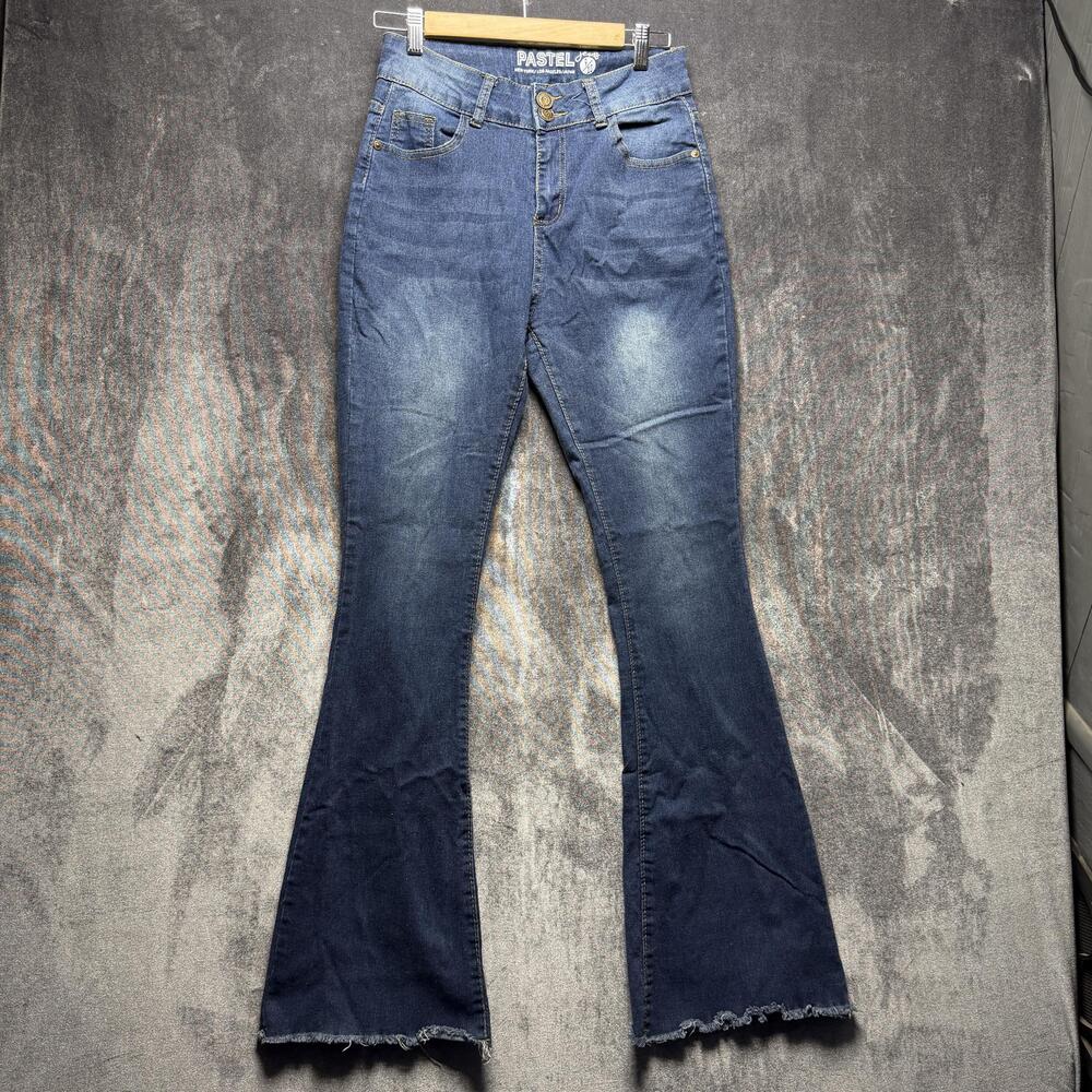 Pastel Flare Jeans Girls 9/10 Blue High Rise Stretch Raw Hem Denim Pants
